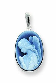 14K White Gold 13x18mm Guardian Angel Agate Cameo Pendant Jewelry