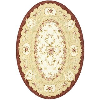 Hand hooked Aubusson Ivory/ Burgundy Wool Rug (46 X 66 Oval)
