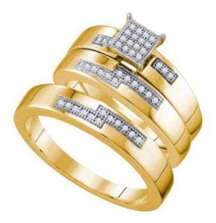 0.63 cttw 10k Yellow Gold His and Hers Trio Wedding Ring Set Square Engagement Ring Men and Women Matching Wedding Band Sets For Him and Her Micro Pave Trio Set (Real Diamonds 2/3 cttw, Ring Sizes 4 13) Jewelry