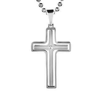 Two Tone Stainless Steel and Cubic Zirconia 2 Piece Cross Pendant Necklace   24 Inch Ball Chain Pendant Necklaces Jewelry