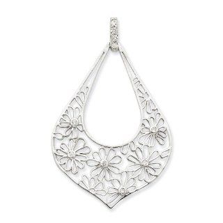 Sterling Silver Flowers W/ Cz Teardrop Pendant Jewelry