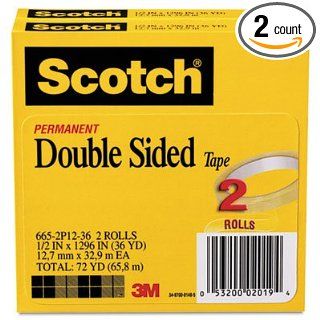Scotch 665 Double Sided Tape, 1/2" x 1296", 3" core, Transparent, 2 Rolls