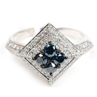 Square Shape Blue & White Diamond Ring Sterling Silver Fine Party Ring Jewelry Jewelry