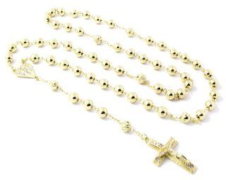 Gold 30" Acrylic Rosary Chain Jesus Cross Pendant with Diamond Charm Jewelry