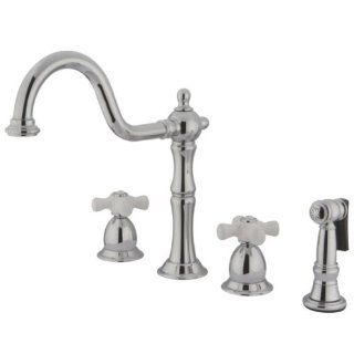 Kingston Brass KS1751PXBS Heritage Kitchen Faucet with Porcelain Cross Handle and Brass Sprayer, Polished Chrome   Touch On Kitchen Sink Faucets  