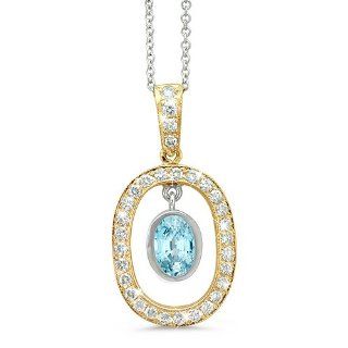 Twin Oval Shaped Vintage Diamond Pendant In 18K Yellow Gold With A 1.45 ct. Genuine Blue Zircon Center Stone. Pendant Necklaces Jewelry