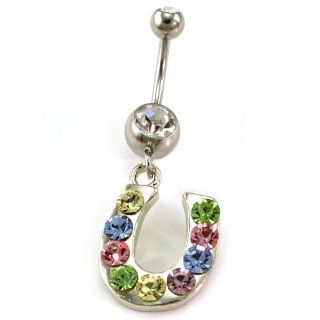Multicolor Horseshoe Dangle Belly Button Navel Rings Pink Blue Yellow Green Stones Body Fashion Jewelry 14 Gauge Jewelry