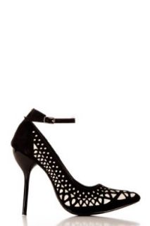Ankle Strap Cut Out Layered Stilettos in Black, 8 Pumps Shoes Shoes