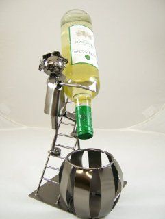 Man on Ladder Metal Character Figurine and Character Wine Bottle Holder Caddy    15" X 10" X 8"   Tabletop Wine Racks