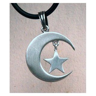 Moon Star Amulet Pewter Pendant W Black rubber Necklace Jewelry