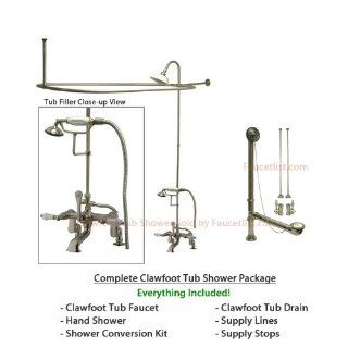 Satin Nickel Clawfoot Tub Faucet Shower Kit with Enclosure Curtain Rod 655T8CTS   Clawfoot Bathtubs  