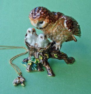 Enamel Trinket Box   Owl Family Trinket Box with Necklace   Jewelry Boxes
