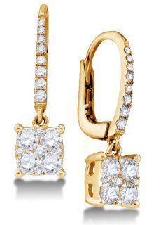 18K Yellow Gold Round Brilliant Cut Diamond   Square Princess Shape Invisible & Channel Set Dangle Earrings   (.83 cttw.) Jewelry