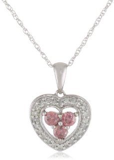 10K White Gold Pink and White Diamond Heart Shaped Pendant with Chain, (.33Cttw, G H Color, I1 I2 Clarity), 17" Jewelry