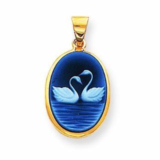 14K Gold 13x18 2 Swans Agate Cameo Jewelry