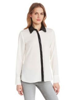Calvin Klein Women's Blouse with Faux Leathr Collar Button Down Shirts