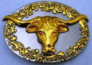 Bull Long Horn Gold Oval Plain Finishing Cowboy Vaquero Cowgirl Western Texas Style Belt Buckle Men Women. 