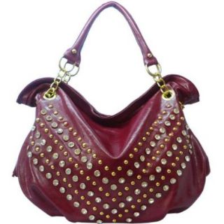 Rhinestone Studded Hobo Bag With Decorative Tassels Faux Leather Red Shoes