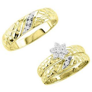 10K Yellow Gold 0.15cttw Round Diamond Trio His and Hers Bridal Ring Set Wedding Ring Sets Jewelry