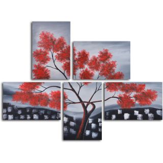 My Art Outlet 5 Piece Red Leaves Over Rooftops Hand Painted Oil