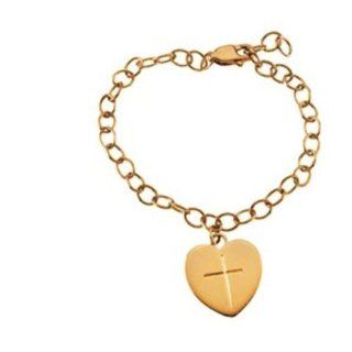Childrens 14k Yellow Gold Heart and Cross Bracelet, 5" Adjustable Link Bracelets Jewelry