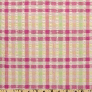 58'' Wide Woven Lurex Seersucker Plaid White/Pink/Green Fabric By The Yard