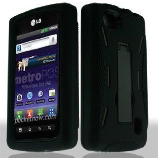 LG Optimus M+ MS695 MS 695 Hybrid Armor Black Hard Case and Black Silicone Skin Dual Combo 2 in 1 with Kickstand / Kick Stand Snap On Protective Cover Cell Phone Cell Phones & Accessories