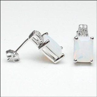 Sterling Silver Emerald Cut 11/2CT Brazilian Lab White Opal with Cubic Zirconia Earrings Jewelry