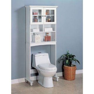 White Wood Bathroom Commode Shelf w/Storage Shelves Glass Door   Over Toilet Cabinet
