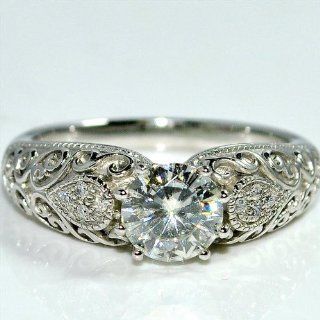 Moissanite & diamond Engagement Ring 14K White gold Solitaire Vintage 1.05ctw Jewelry