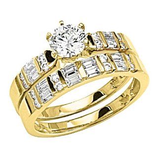 14K Yellow Gold Solitaire Round CZ Cubic Zirconia High Polish Finish Ladies Wedding Engagement Ring with Round & Baguette Side Stone and Matching Band 2 Two Piece Sets Goldenmine Jewelry