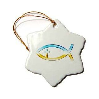 orn_41763_1 Houk Christian Designs   Christian Fish   Chrome Christian Fish Symbol with Cross   Ornaments   3 inch Snowflake Porcelain Ornament   Decorative Hanging Ornaments