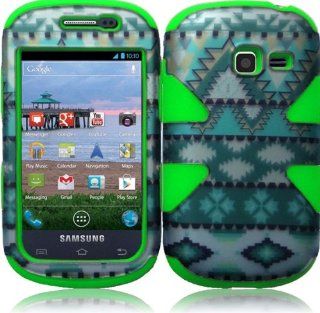 For Samsung Galaxy Centura S738C Discover S730G Dynamic Neon Green Silicone With Mint Green Aztec Tribal Hard Impact Hybrid Fusion Tuff Double Layer Cover Case Cell Phones & Accessories