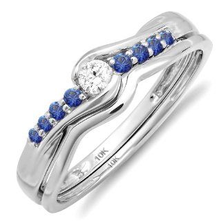 0.25 Carat (ctw) 10k White Gold Round Blue Sapphire And White Diamond Ladies Bridal Promise Engagement Wedding Set Ring with Matching Band 1/4 CT Jewelry