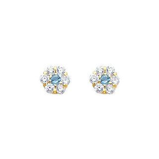 14K Yellow Gold March CZ Birthstone Flower Stud Earrings for Baby and Children (Aquamarine, Light Blue) Jewelry