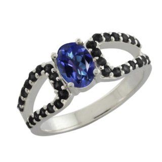 1.59 Ct Oval Tanzanite Blue Mystic Topaz Black Diamond Sterling Silver Ring Jewelry