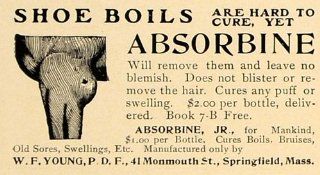 1906 Ad W.F. Young Shoe Boil Cures Absorbine Bottle   Original Print Ad  