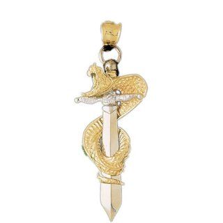 14K Gold 3 D Two Tone Cobra Wrapped Around Sword Pendant Jewelry