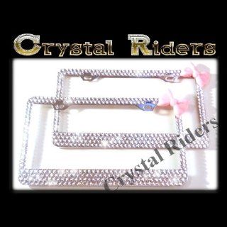 PAIR OF 2 Bling License Plate Frame BABY PINK Bow with Crystals Clear Metal Chrome Zink Alloy Holder Sparkly Sparkle Custom Hand Made Hand Crafted 2 SET TWO hot pink 