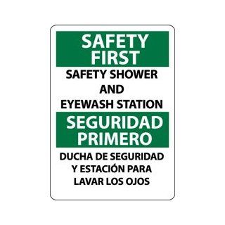 NMC M735AB Bilingual Emergency and First Aid Sign, Legend "SAFETY FIRST SAFETY SHOWER AND EYEWASH STATION", 10" Length x 14" Height, Aluminum 0.40, Green/Black on White Industrial Warning Signs