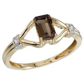 14K Yellow Gold Emerald Cut Smoky Topaz and Diamond Ring Jewelry