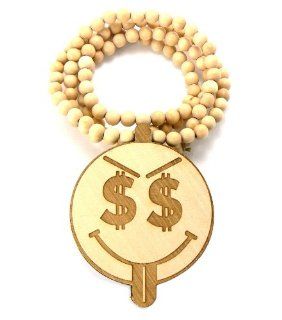 Natural Wooden Wiz Khalifa Taylor Gang Smiley Face Pendant with a 36 Inch Beaded Necklace Chain Jewelry