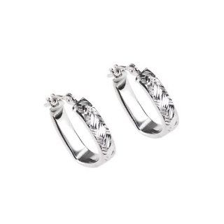 14KT White Gold Diamond Cut Basketweave "U" Hoop Earrings Jewelry