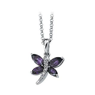 14K White Gold 0.02 ct. Diamond and 3/4 ct. Marquise Shaped Amethyst Dragonfly Necklace Katarina Jewelry
