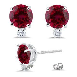0.06 Cts Diamond & 1.18 Cts Ruby Earrings in 18K White Gold Stud Earrings Jewelry