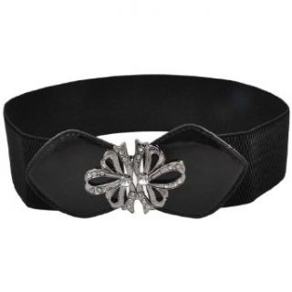 Faux Rhinestone Metal Flower Detail Black Stretchy Waist Belt Band for Women