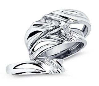 Diamond Engagement Rings Set Wedding Bands White Gold Men Ladies .17ct Jewelry