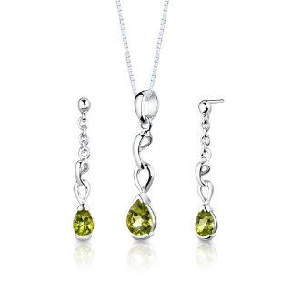 Sterling Silver Rhodium Nickel Finish 1.50 carats total weight Pear Shape Peridot Pendant Earrings and 18 inch Necklace Set Peora Jewelry