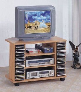 Natural finish tv stand with casters   Living Room Furniture Sets