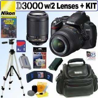 Nikon D3000 10MP Digital SLR Camera with 18 55mm f/3.5 5.6G AF S DX "VR" and 55 200mm f/4 5.6G ED IF AF S DX "VR" Zoom Nikkor Lenses + 8GB Deluxe Accessory Kit  Digital Slr Camera Bundles  Camera & Photo